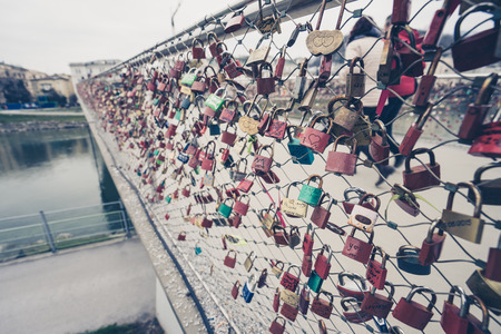 SALZBURG, AUSTRIA - MARCH 11: View on bridge over river decorated with padlocks on March 11, 2016 ...