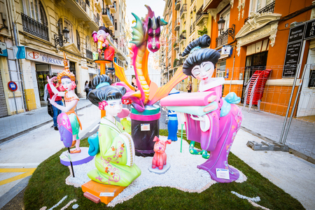 VALENCIA,SPAIN - MARCH 15: Las Fallas,papermache models are constructed then burnt in the traditional celebration in praise of St Joseph on March 15,2017 in Valencia,Spain.のeditorial素材