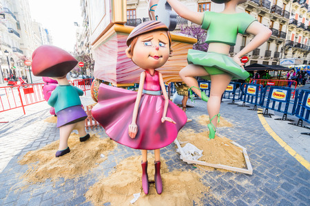 VALENCIA,SPAIN - MARCH 15: Las Fallas,papermache models are constructed then burnt in the traditional celebration in praise of St Joseph on March 15,2017 in Valencia,Spain.のeditorial素材