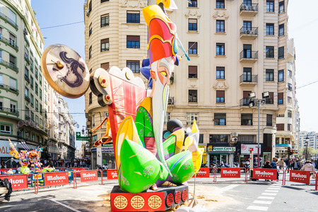 VALENCIA,SPAIN - MARCH 15: Las Fallas,papermache models are constructed then burnt in the traditional celebration in praise of St Joseph on March 15,2017 in Valencia,Spain.のeditorial素材