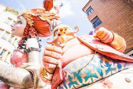 ALZIRA,SPAIN - MARCH 16: Las Fallas,papermache models are constructed then burnt in the traditional celebration in praise of St Joseph on March 16,2017 in Alzira,Valencia,Spain.のeditorial素材