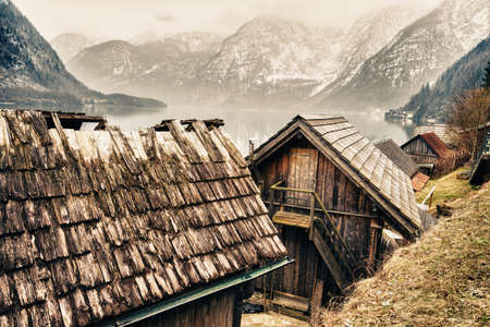 Classic view of Hallstatt village in Alps, Austriaの写真素材