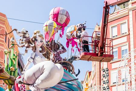 VALENCIA,SPAIN - MARCH 15: Las Fallas,papermache models are constructed then burnt in the traditional celebration in praise of St Joseph on March 15,2017 in Valencia,Spain.のeditorial素材
