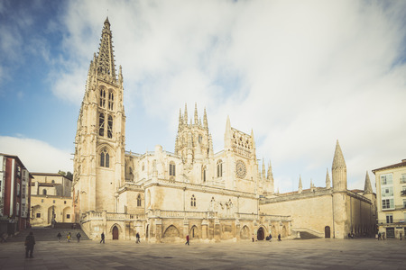Burgos, Spain - 10.11.2016: Front view of gothic-style roman catholic cathedral. Its construction began in 1221.のeditorial素材