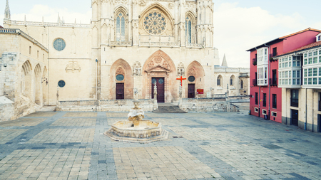 Burgos, Spain - 10.11.2016: Front view of gothic-style roman catholic cathedral. Its construction began in 1221.のeditorial素材