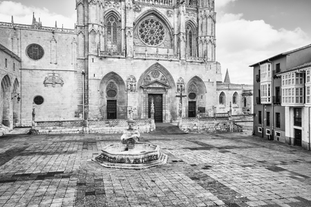 Burgos, Spain - 10.11.2016: Front view of gothic-style roman catholic cathedral. Its construction began in 1221.のeditorial素材