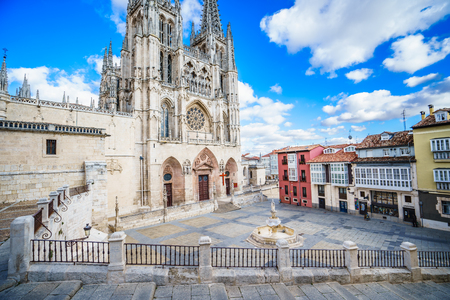 Burgos, Spain - 10.11.2016: Front view of gothic-style roman catholic cathedral. Its construction began in 1221.のeditorial素材
