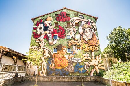 ALAVA,SPAIN - 24 AUGUST,2016: Close-up of street art painted building facade in Vitoria.のeditorial素材