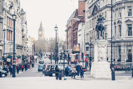 LONDON, UK - 20 FEBRUARY, 2017: Trafalgar Square. It is a public square in the City of Westminster, Central London, built around the area formerly known as Charing Cross.のeditorial素材