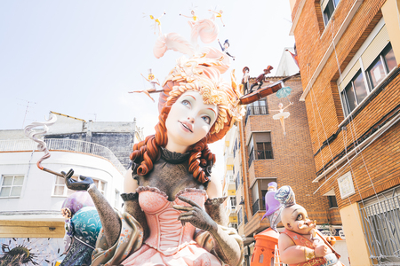 ALZIRA,SPAIN - MARCH 16: Las Fallas,papermache models are constructed then burnt in the traditional celebration in praise of St Joseph on March 16,2017 in Alzira,Valencia,Spain.のeditorial素材