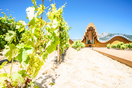 ALAVA,SPAIN - 24 AUGUST,2016: View of futuristic modern winery in Ysios in La Guardia.のeditorial素材