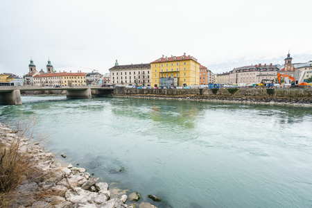 INNSBRUCK, AUSTRIA - MARCH 07: Typical street on March 07, 2016 in Innsbruck, Austria.It is the capital city of Tyrol in western Austria.のeditorial素材