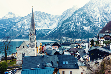Classic view of Hallstatt village in Alps, Austriaの写真素材