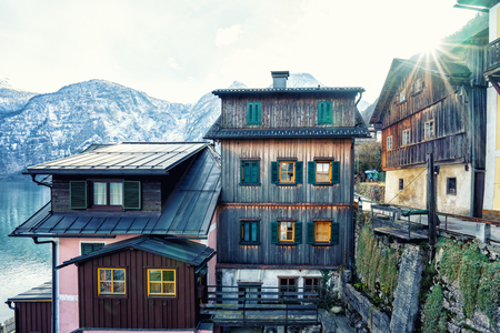 Classic view of Hallstatt village in Alps, Austriaの写真素材