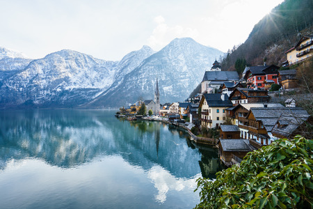Classic view of Hallstatt village in Alps, Austriaの写真素材