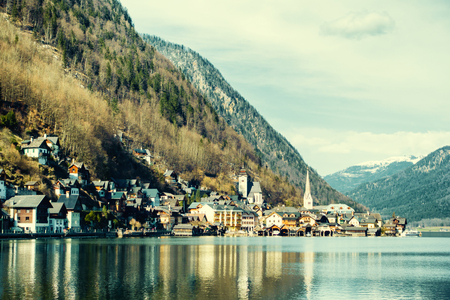 Classic view of Hallstatt village in Alps, Austriaの写真素材