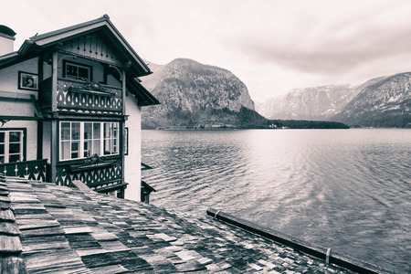 Classic view of Hallstatt village in Alps, Austriaの写真素材