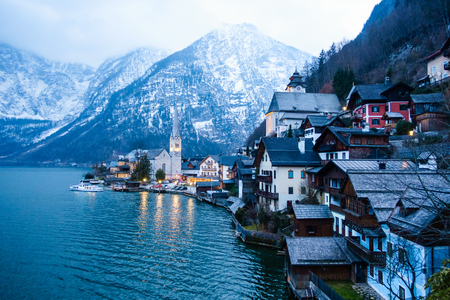 Classic view of Hallstatt village in Alps, Austriaの写真素材