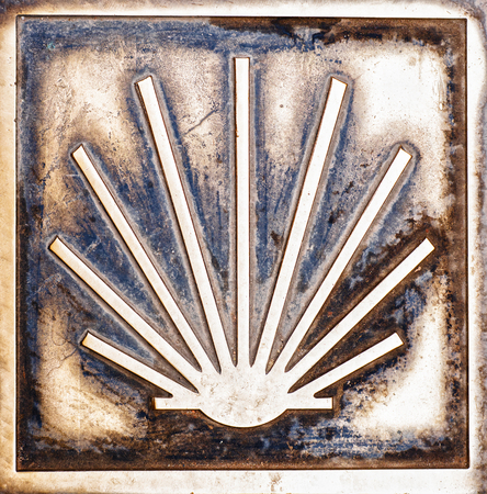 The pilgrim scallop shell in the asphalt in Logrono, Spain. の写真素材
