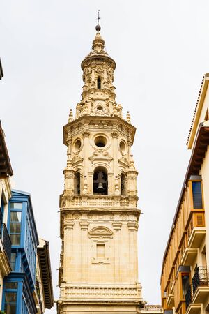 From below shot of old Logrono cathedral on blue sky in Spain. の写真素材