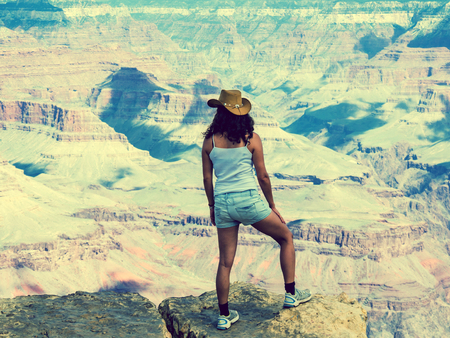 GRAND CANYON, ARIZONA, USA - SEPTEMBER 06: Unidentified person look at the Grand Canyon on September 06, 2015 in Arizona, United States. It is a steep-sided canyon carved by the Colorado River.のeditorial素材