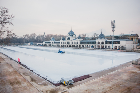 BUDAPEST, HUNGARY - DECEMBER 20, 2017: Ice skating rink beside Vajdahunyad Castle in the City Park of Budapest.のeditorial素材