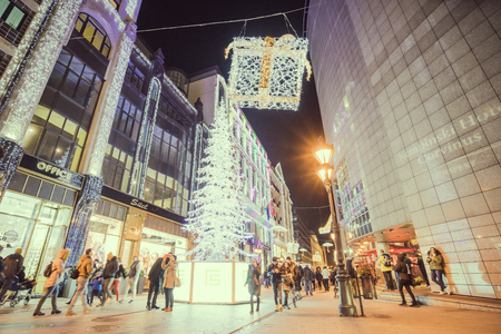 BUDAPEST, HUNGARY - DECEMBER 17, 2017: Typical street at Christmas, lights and decoration.のeditorial素材