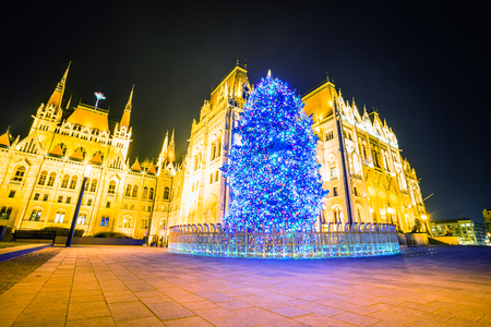 BUDAPEST, HUNGARY - DECEMBER 19, 2017: The Hungarian Parliament Building is in the Gothic Revival style.のeditorial素材