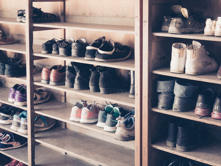 KYOTO, JAPAN - MARCH 25: shoes in Ryoanji Temple on March 25, 2015 in Kyoto, Japan.のeditorial素材