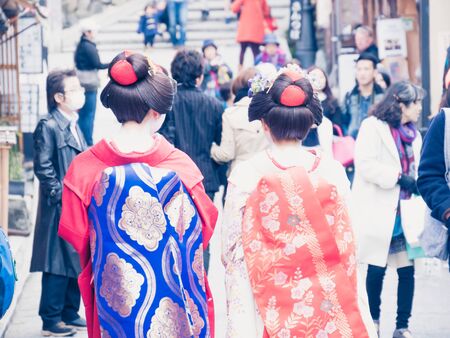 KYOTO, JAPAN - MARCH 24: Unidentified Japanese ladies with Kimono dress, Japanese traditional costume on March 24, 2015 in Kyoto, Japan.のeditorial素材