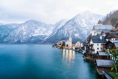 Classic view of Hallstatt village in Alps, Austriaの写真素材