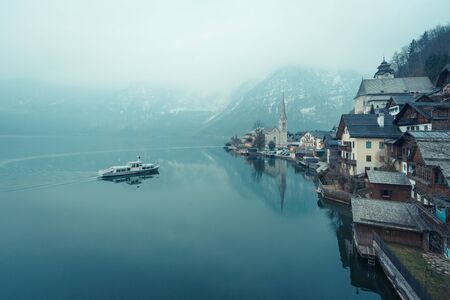 Classic view of Hallstatt village in Alps, Austriaの写真素材
