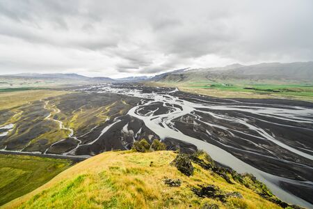 View of Markarfljot river since the top of Stora Dimon mount (178m).の写真素材