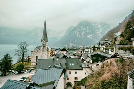 Classic view of Hallstatt village in Alps, Austriaの写真素材