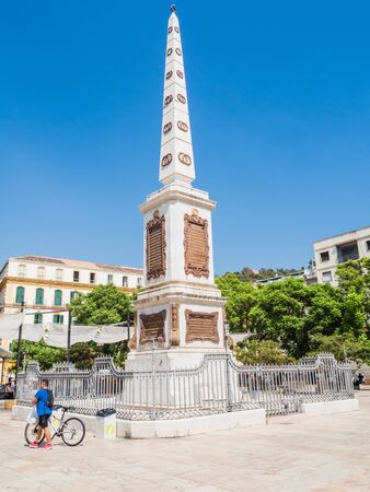 MALAGA,SPAIN - 16 AUGUST 2018: View on famous monument on Merced square against of blue sky with white clouds.のeditorial素材