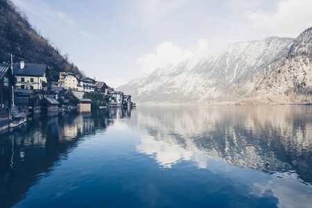 Classic view of Hallstatt village in Alps, Austriaのeditorial素材