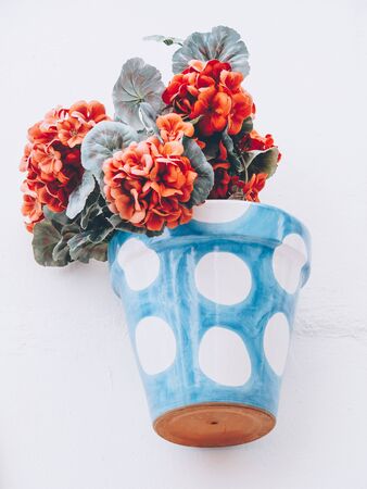 typical flower pots in a streetの写真素材