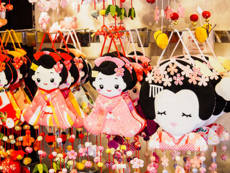 KYOTO, JAPAN - APRIL 02, 2018: Japanese fabric dolls, traditional gift.のeditorial素材