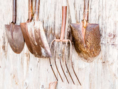 Old shovels in a japanese streetの写真素材