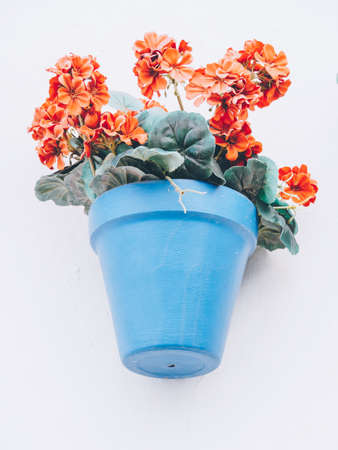 typical flower pots in a streetの写真素材