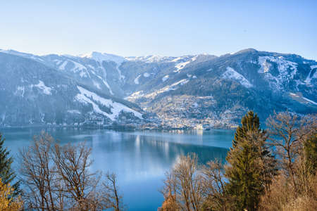 Scenic view on sunny mountain landscape with winter lake in Zell am see, Austriaの写真素材