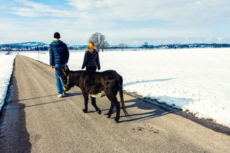 FUSSEN, GERMANY - 6 MARCH 2016: Back view of tourists with pone walking down the village roadのeditorial素材