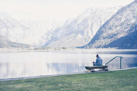 HALLSTATT, AUSTRIA - MARCH 10: Classic view of Hallstatt village in Alps on March 10, 2016 in Hallstatt, Austria. It is a village in the Salzkammergut, a region in Austria.のeditorial素材