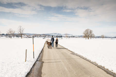 FUSSEN, GERMANY - 6 MARCH 2016: Back view of tourists with pone walking down the village roadのeditorial素材