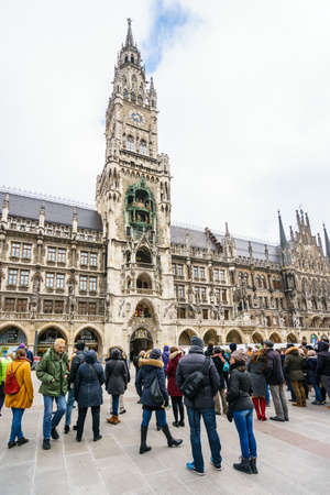 MUNICH, GERMANY - 14 MARCH 2016: View on ancient Marienplatz with crowd of peopleのeditorial素材