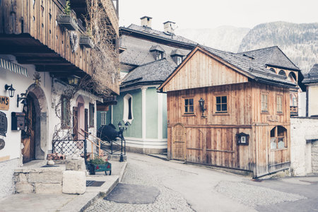HALLSTATT, AUSTRIA - MARCH 10: Classic view of Hallstatt village in Alps on March 10, 2016 in Hallstatt, Austria. It is a village in the Salzkammergut, a region in Austria.のeditorial素材