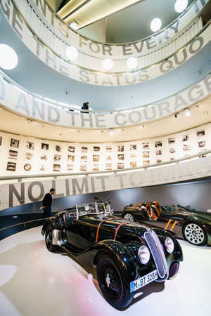 MUNICH, GERMANY - MARCH 15: BMW cars and motorcycle at the BMW Museum and Welt on March 15, 2016 in...