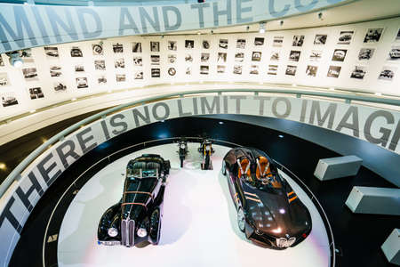 MUNICH, GERMANY - MARCH 15: BMW cars and motorcycle at the BMW Museum and Welt on March 15, 2016 in...