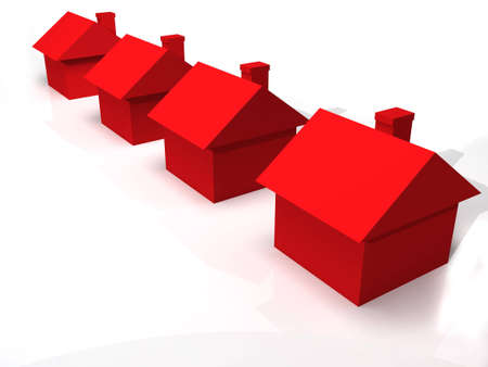 A 3D rendered image of red houses isolated on a white reflective background.の写真素材