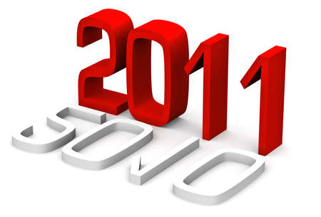 A 3D rendering of the year 2011 in red type on a white background, with a fallen 2010 year in front...